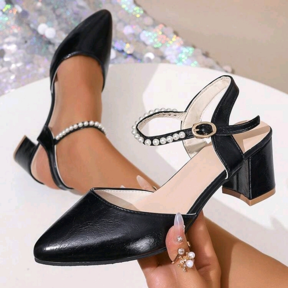 Black Pearl-Embellished Slingback Block Heel Pumps